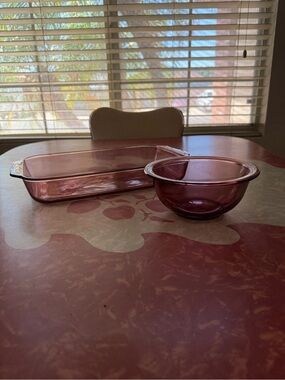 Vintage Pyrex Cranberry Glass Baking Dish & Mixing Bowl Set